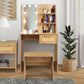 Vanity Desk Set Stool & Dressing Table with LED Lighting Mirror Drawer and Wood Cosmetic Table Chest of Drawers Nature Color