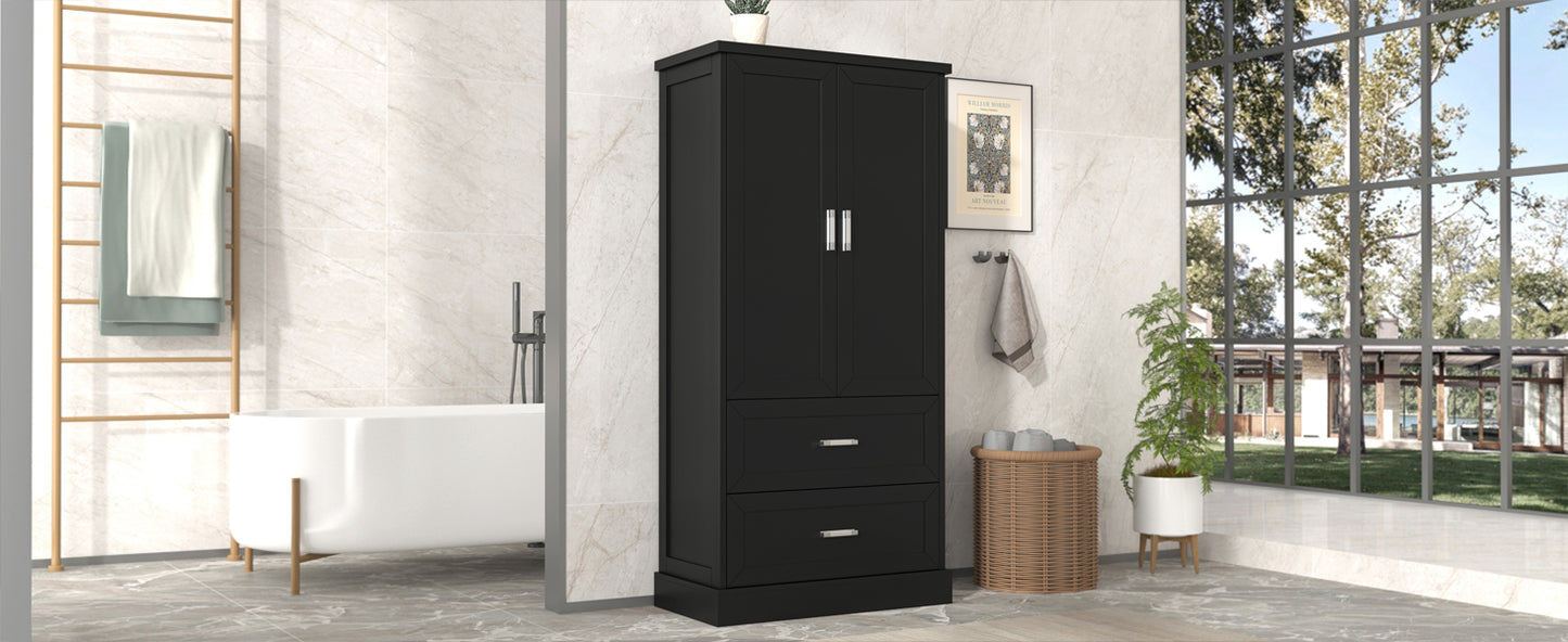 Tall Bathroom Storage Cabinet, Cabinet with Two Doors and Drawers, Adjustable Shelf, MDF Board, Black