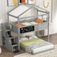 Twin over Full House Bunk Bed with Storage Staircase and Blackboard, Gray Finish