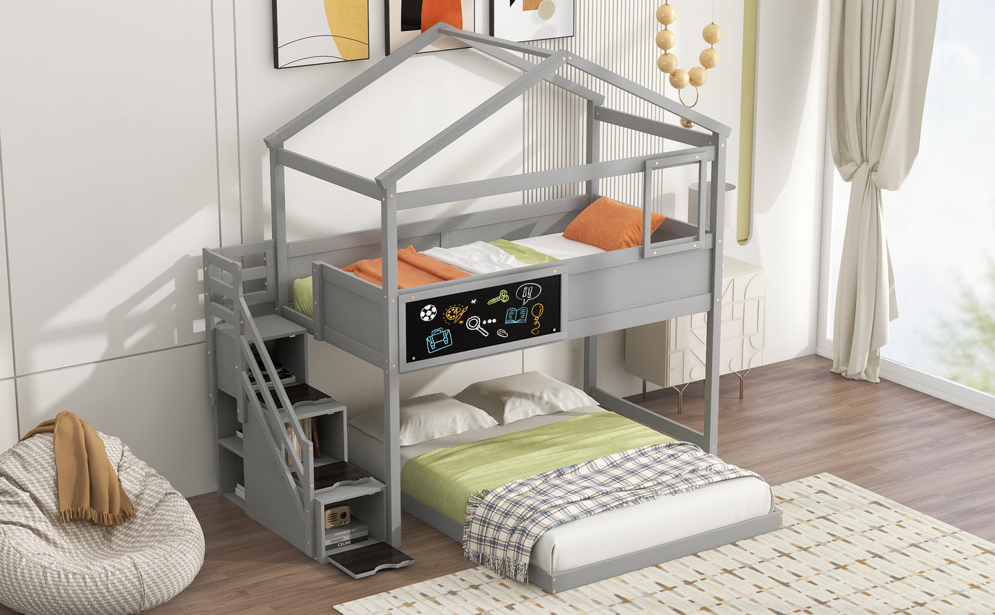 Twin over Full House Bunk Bed with Storage Staircase and Blackboard, Gray Finish