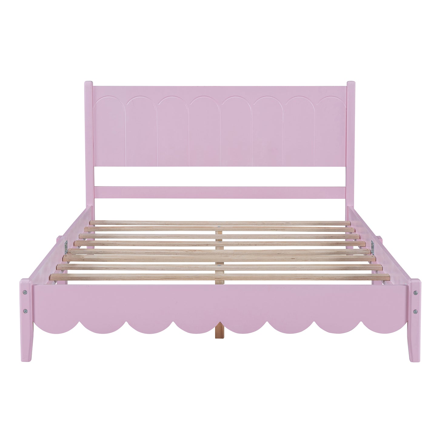 Full Size Wood Platform Bed Frame, Retro Style Bed with Rectangular Headboard,No Need Box Spring,Pink