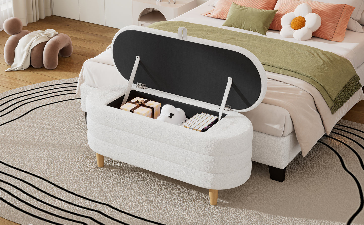 Elegant Upholstered Sherpa Fabric Storage Ottoman with Wood Legs, Storage Bench for Bedroom, Living Room, White