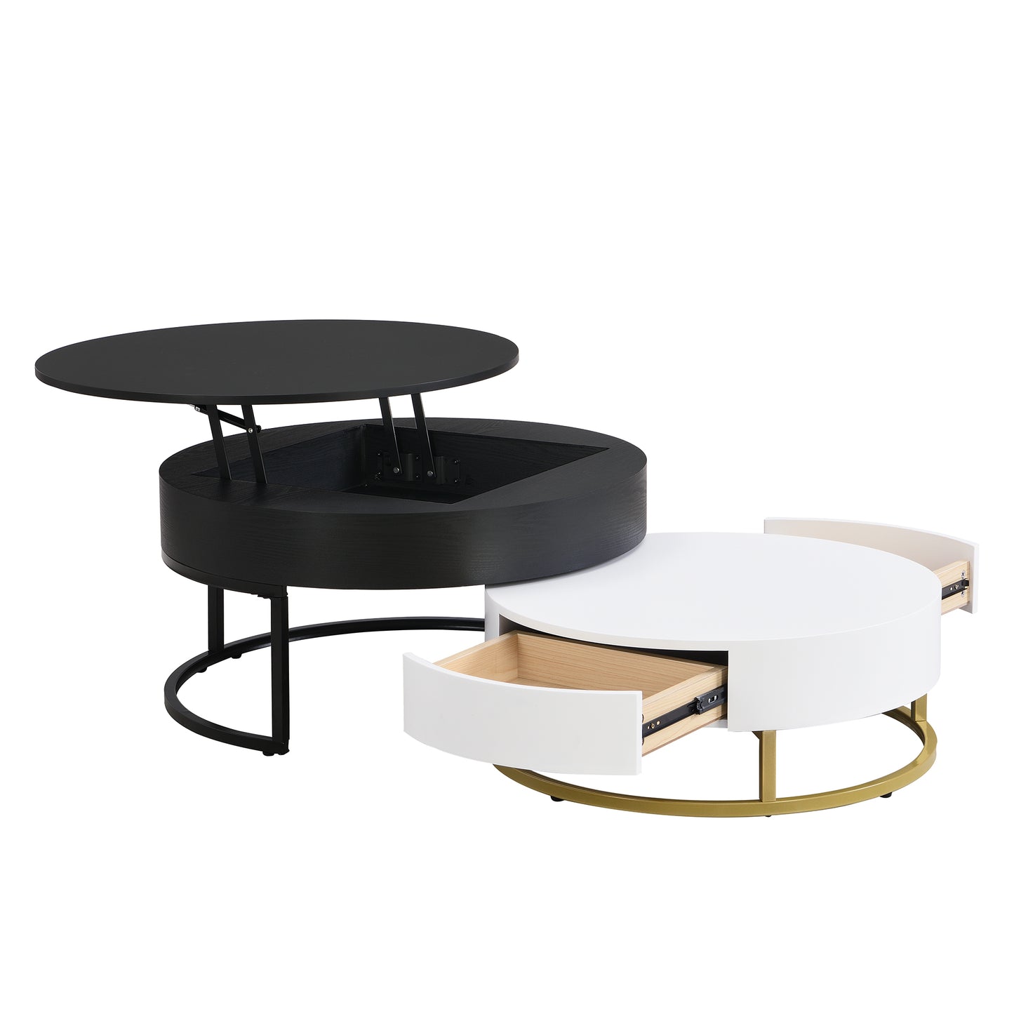 Modern Round Lift-Top Nesting Coffee Tables with 2 Drawers, White and Black Finish