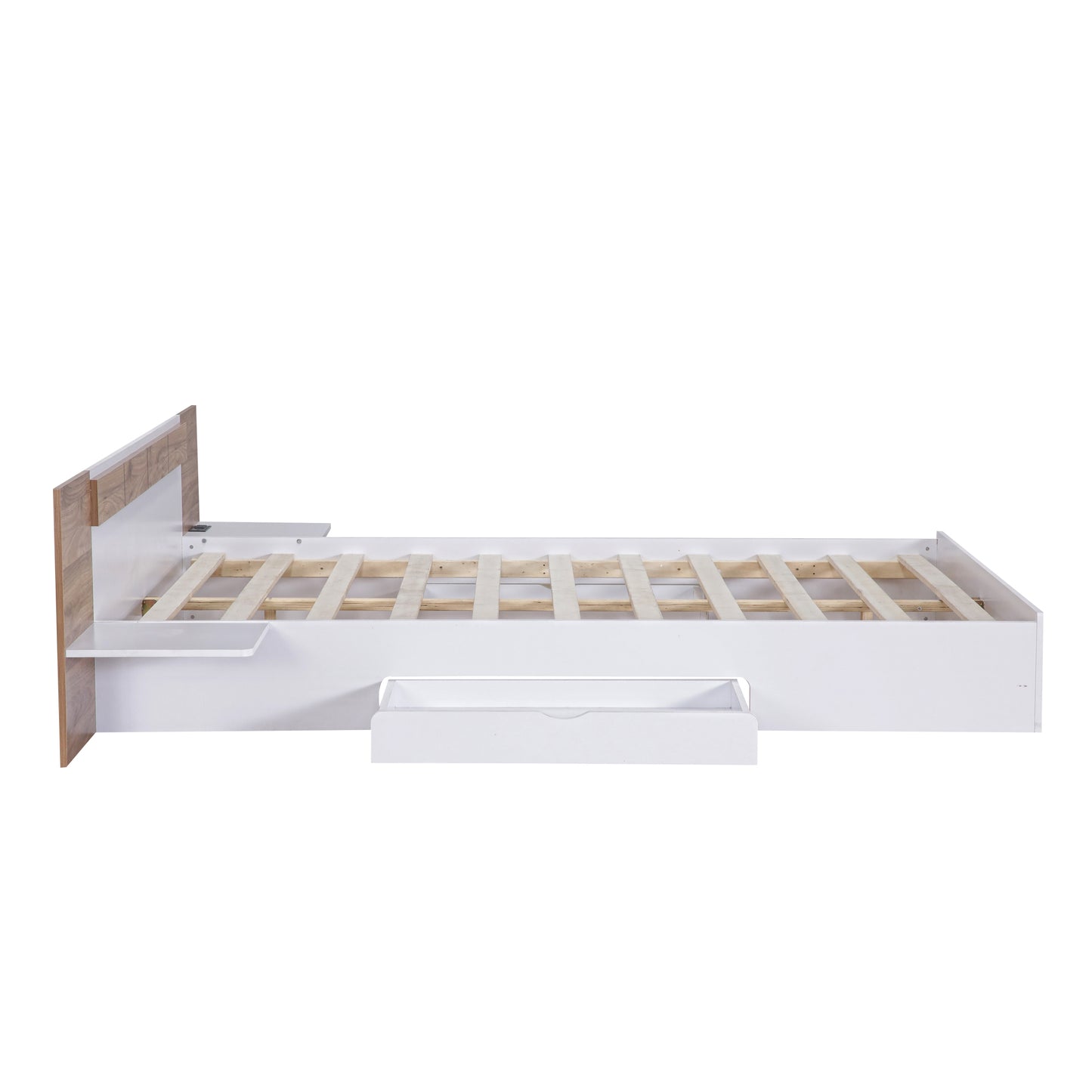 Queen Size Platform Bed with Headboard, Drawers, Shelves, USB Ports and Sockets  White