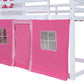 Twin Size Bunk Wood House Bed with Elegant Windows, Sills and Tent, Pink+White