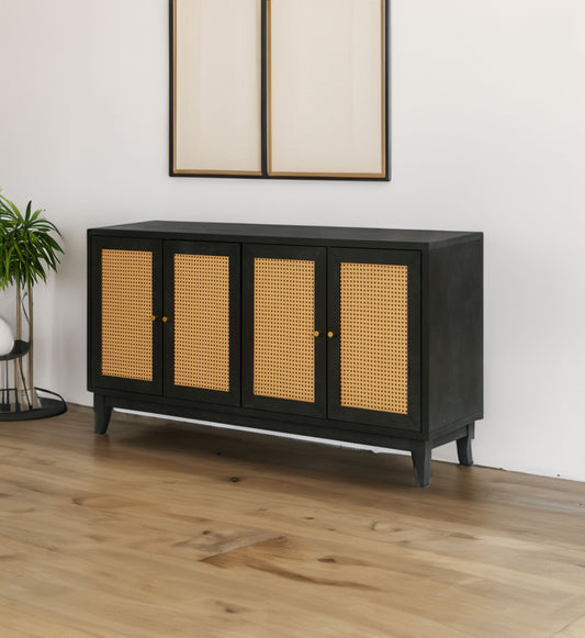 Handcrafted Premium Grain Rattan Sideboard Buffet Cabinet with 4 Rattan Doors, Black Finish