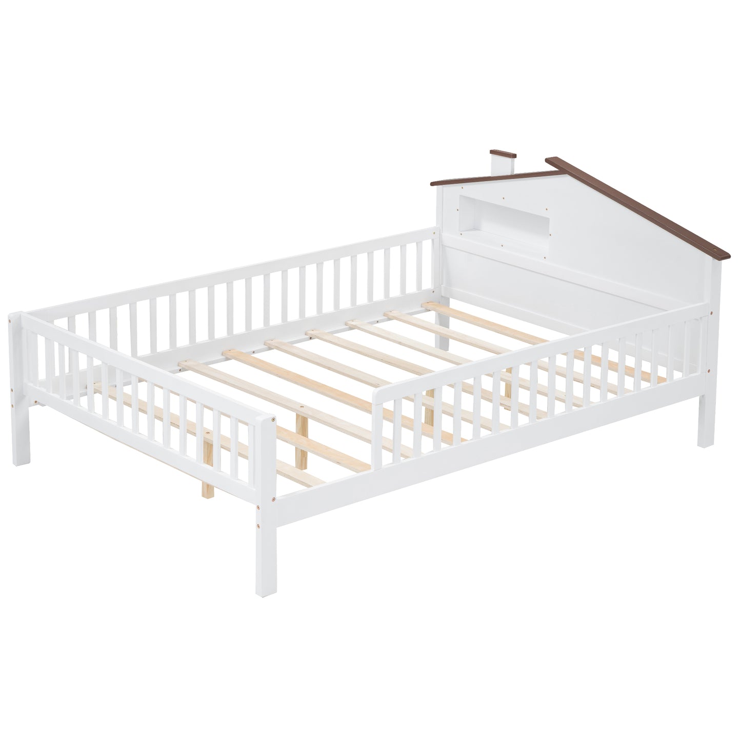 Full Size Wood Platform Bed with House-shaped Headboard, LED and Built-in Storage, White