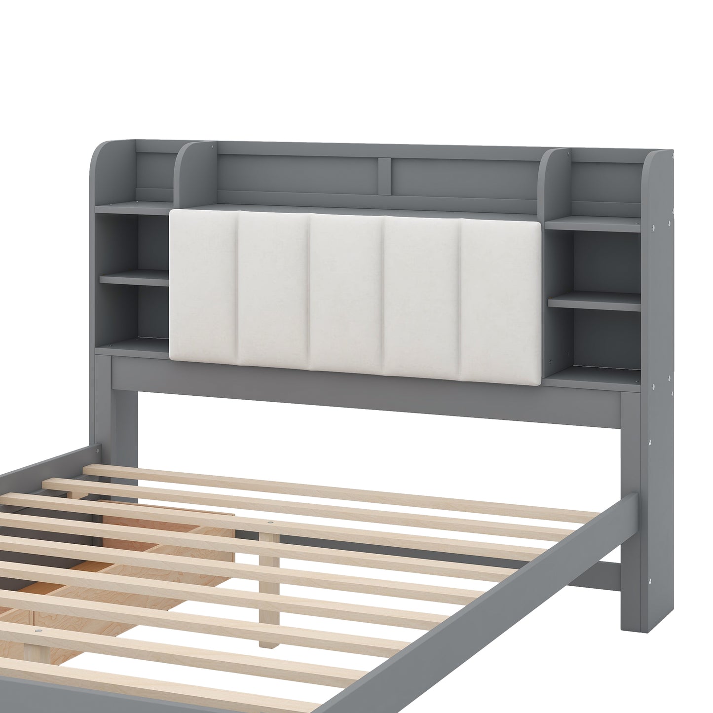 Wood Queen Size Platform Bed with Storage Headboard  Shelves and 2 Drawers  Gray