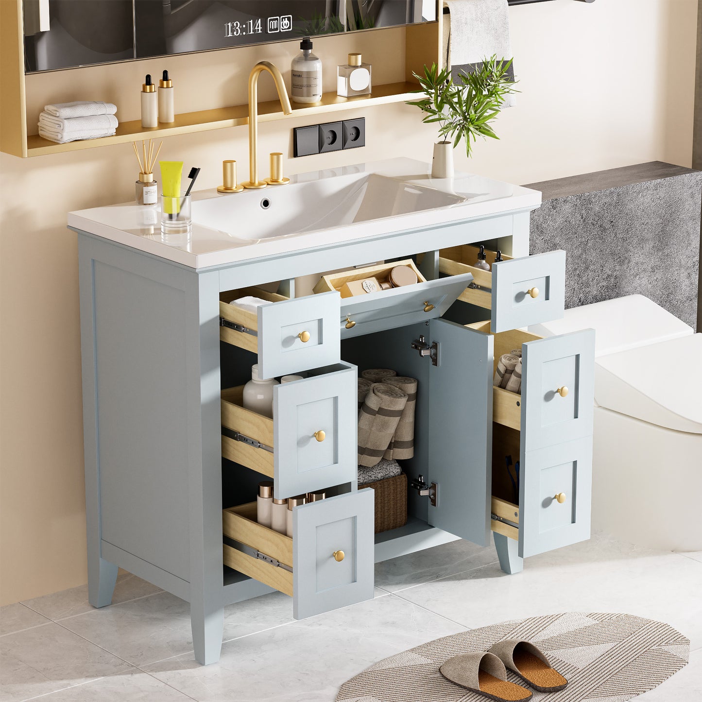 36 inch bathroom vanity with resin sink combination set with 6 drawers and 2 cabinets, storage cabinet vanity set, light blue