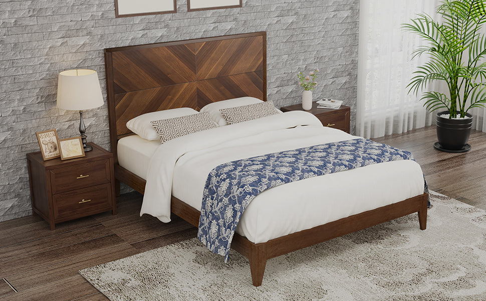 Mid-Century Modern Platform Bed Wood Slat Support with No Box Spring Needed,Queen, Walnut