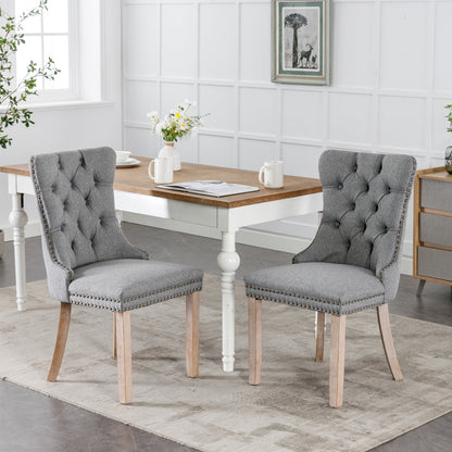 High-end Tufted Solid Wood Contemporary Flax Upholstered Linen Dining Chair with Wood Legs Nailhead Trim 2-Pcs Set Gray