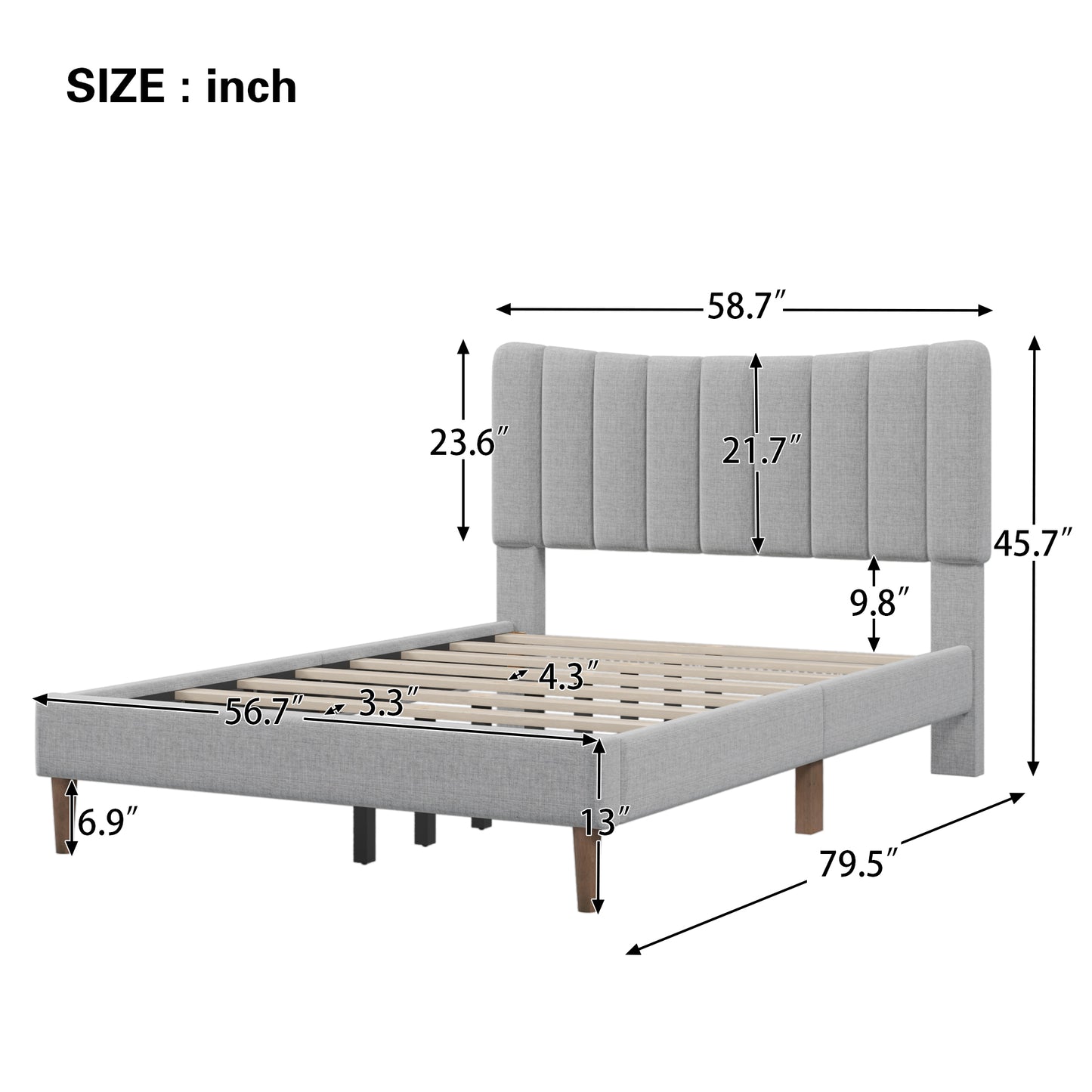 Upholstered Platform Bed Frame with Vertical Channel Tufted Headboard No Box Spring Needed Full Gray