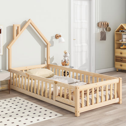 Twin House-Shaped Headboard Floor Bed with Fence Natural