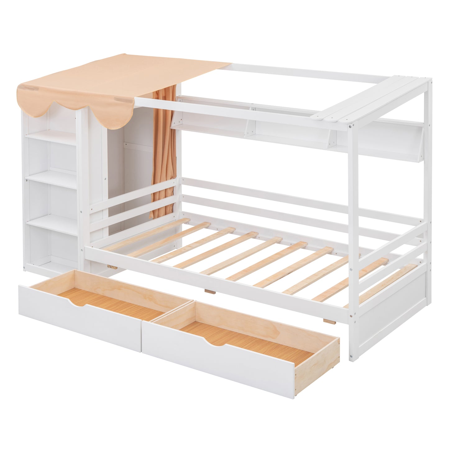 Twin size House Bed with Two Drawers and Wardrobe,White