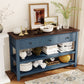 Retro Design Console Table with Two Open Shelves, Pine Solid Wood Frame and Legs for Living Room (Antique Navy+Espresso)