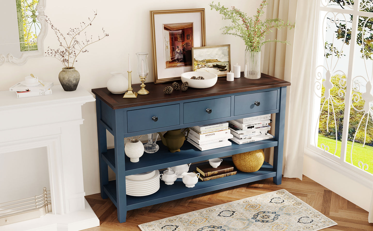 Retro Design Console Table with Two Open Shelves, Pine Solid Wood Frame and Legs for Living Room (Antique Navy+Espresso)