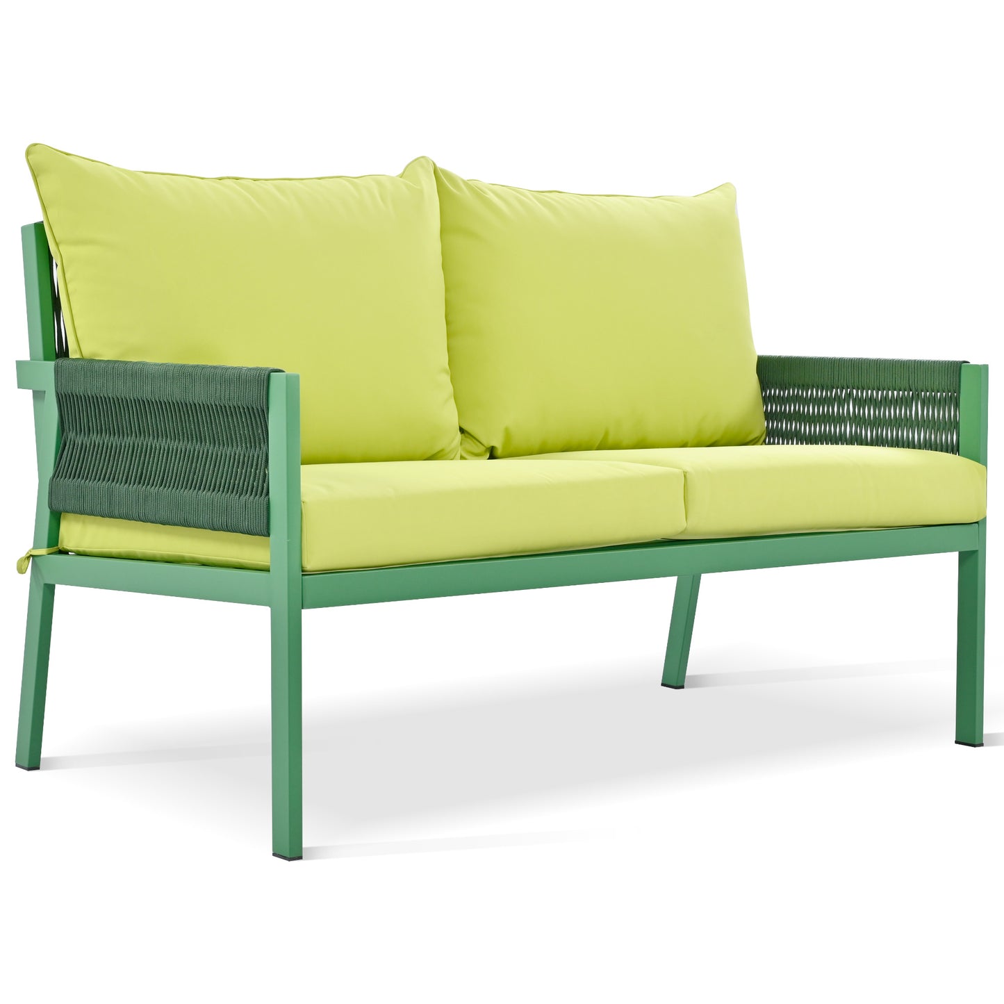 Muebles de exterior con mesa de vidrio templado, asientos profundos con cojines gruesos en amarillo fluorescente y verde