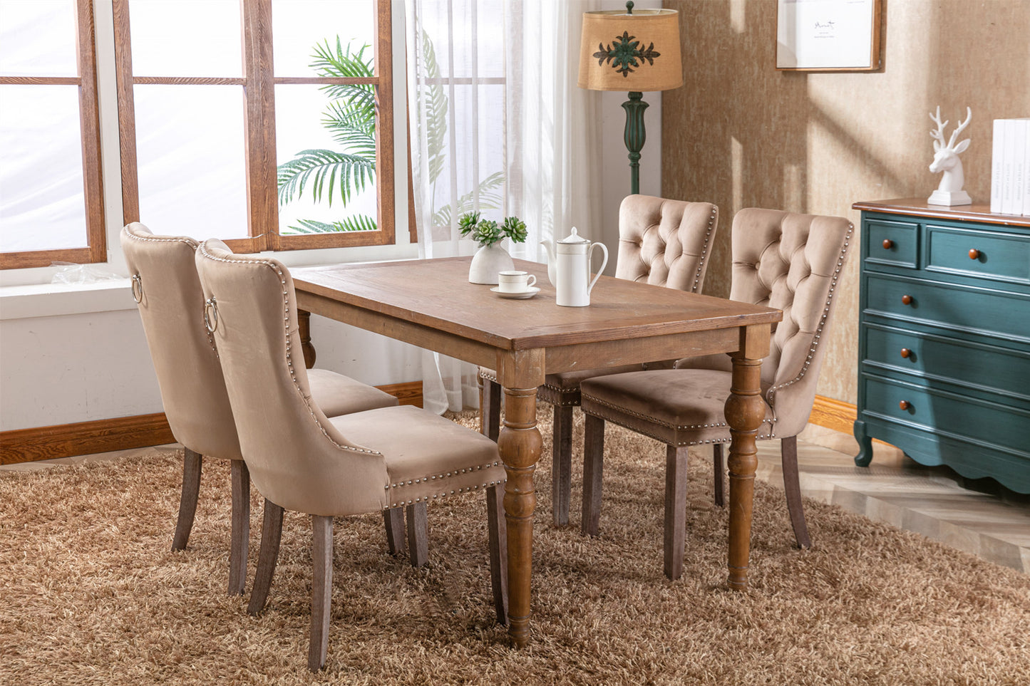 High-end Tufted Solid Wood Contemporary Velvet Upholstered Dining Chair with Wood Legs Nailhead Trim 2-Pcs Set Khaki