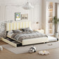 Queen Size Upholstered Platform Bed with 2 Drawers and 1 Trundle, Classic Metal Strip Headboard Design, Beige