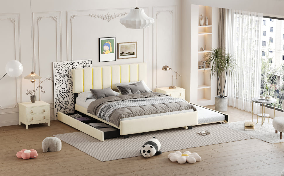 Queen Size Upholstered Platform Bed with 2 Drawers and 1 Trundle, Classic Metal Strip Headboard Design, Beige