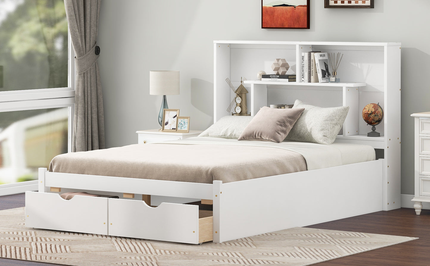 Full Size Platform Bed with Storage Headboard and 2 Drawers, White