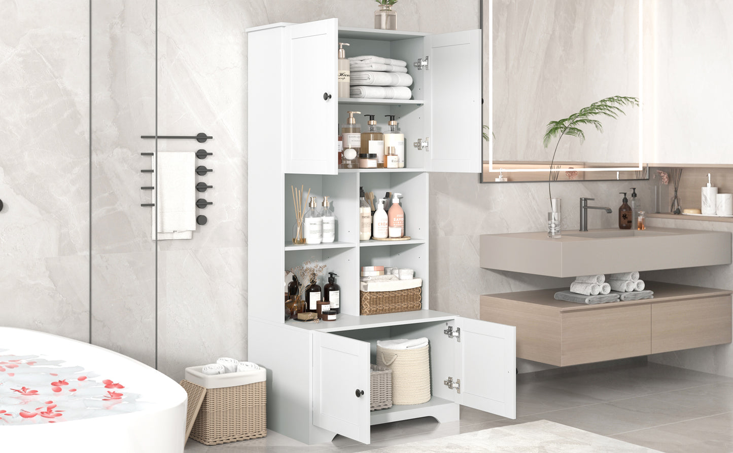 Bathroom storage cabinet, 4-door independent cabinet, adjustable shelf, open multi-layer shelf, white