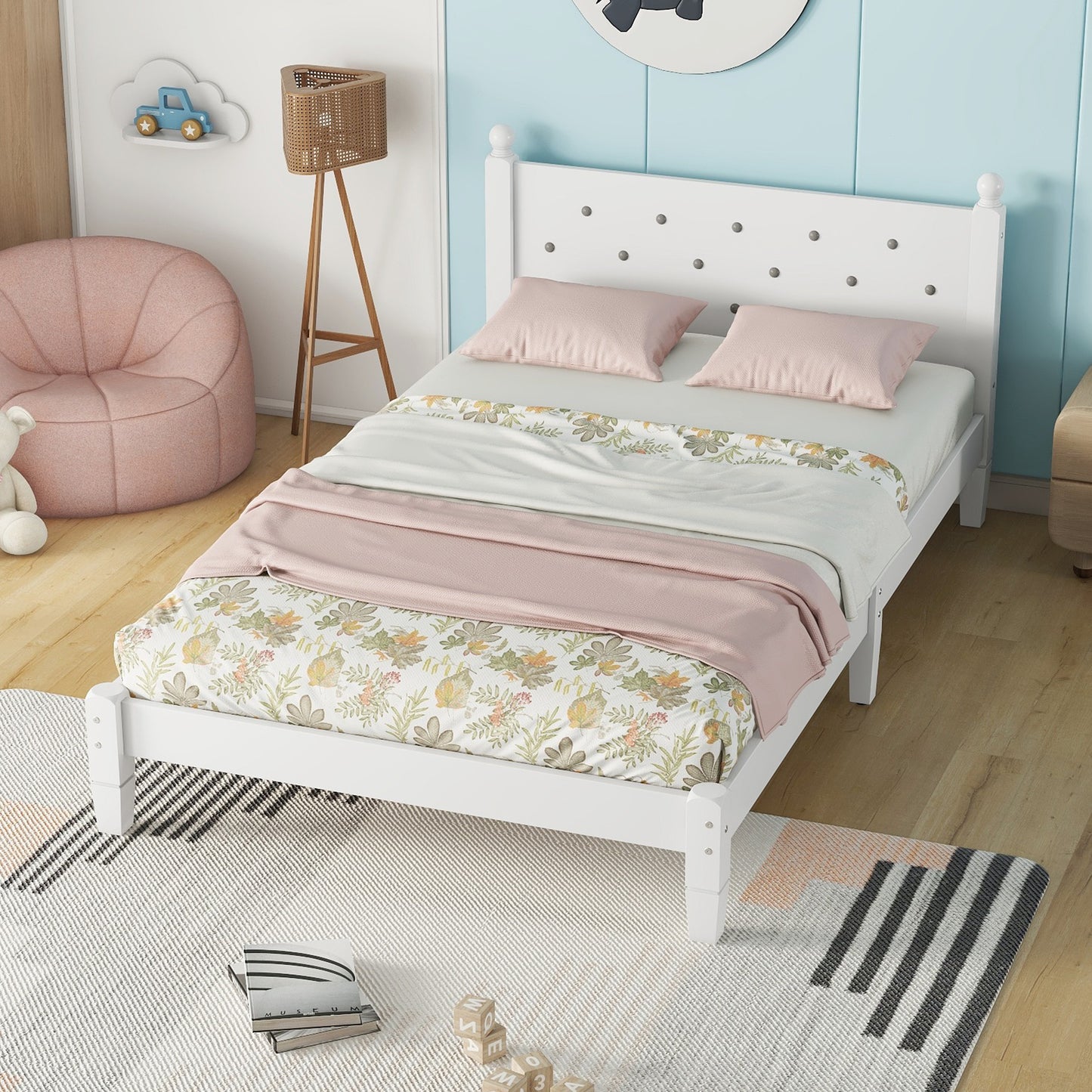 Twin Bed with Button-Decoration Headboard, with Bed Slats,White