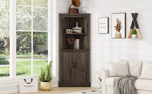 Tall Corner Cabinet with Doors, Perfect for Living Rooms, Bathrooms, Dining Rooms, or Kitchens, Wood Grain Dark Walnut