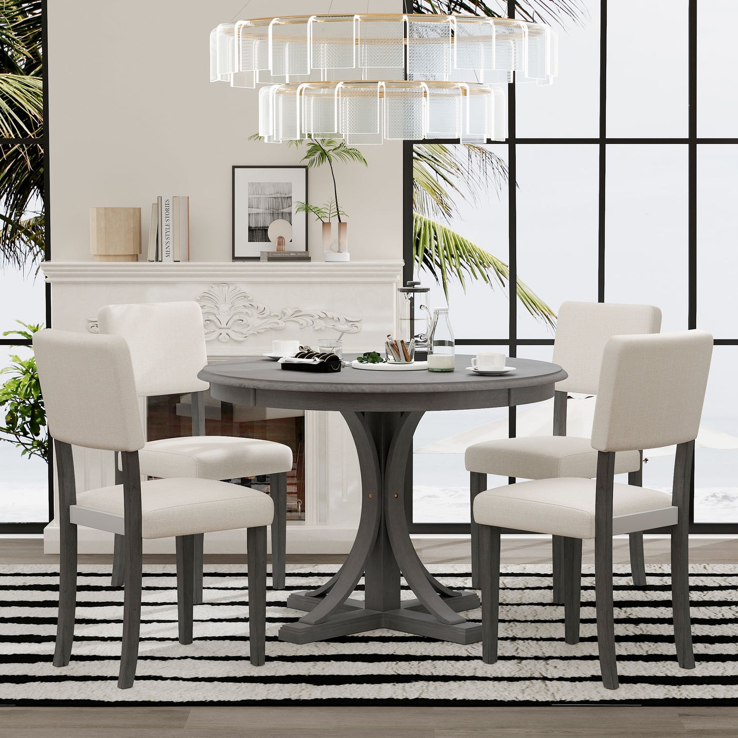 TREXM Five-Piece Retro Round Dining Table Set with Curved Brackets and 4 Cushioned Chairs, Dark Gray