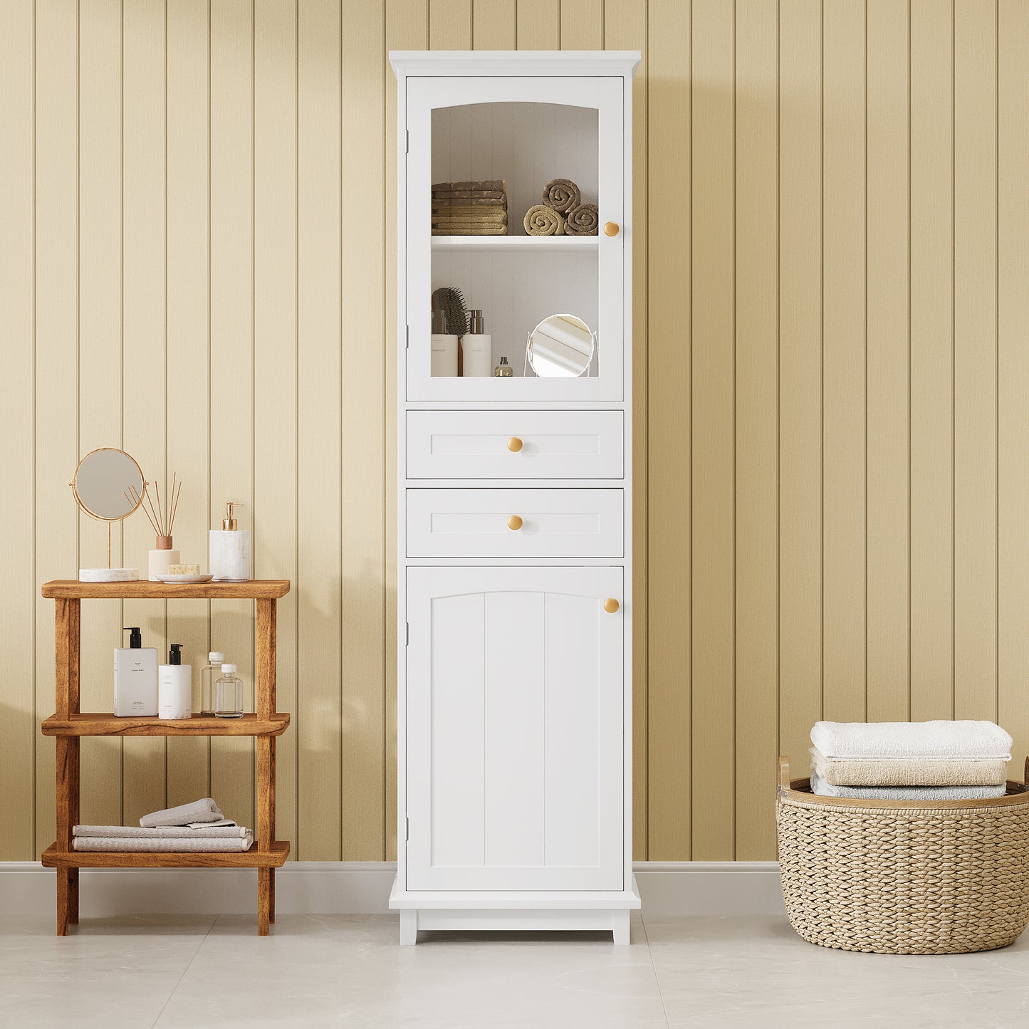 High bathroom storage cabinet with glass door, freestanding, two drawers and adjustable shelves, MDF board, painted white