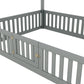 Full Size Wood House Bed with Fence and Door, Gray