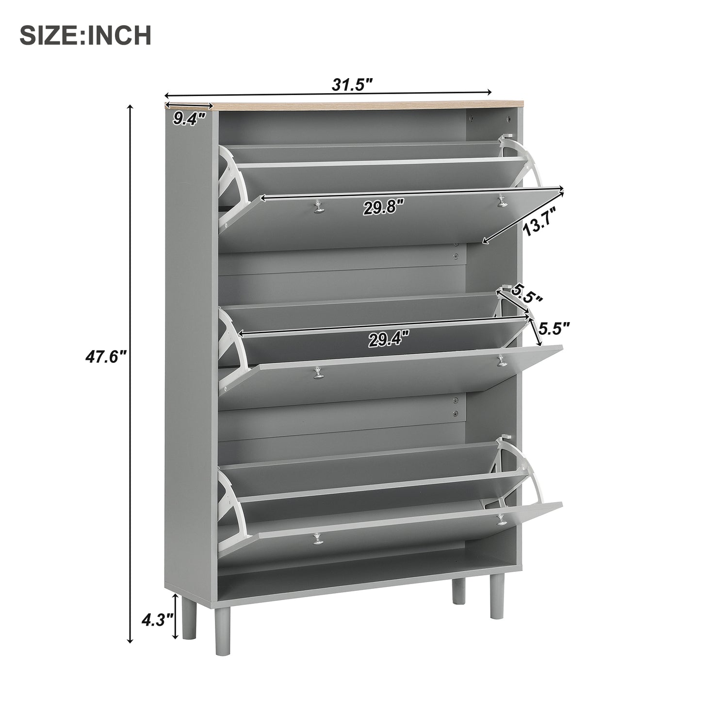 ON-TRANS narrow design shoe cabinet with 3 flip drawers and 3 independent shoe racks with 3 hooks, gray