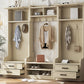 Four in one detachable hall tree with drawers and cabinets, 7 hooks, multifunctional corridor hangers, antique beige shoe stools