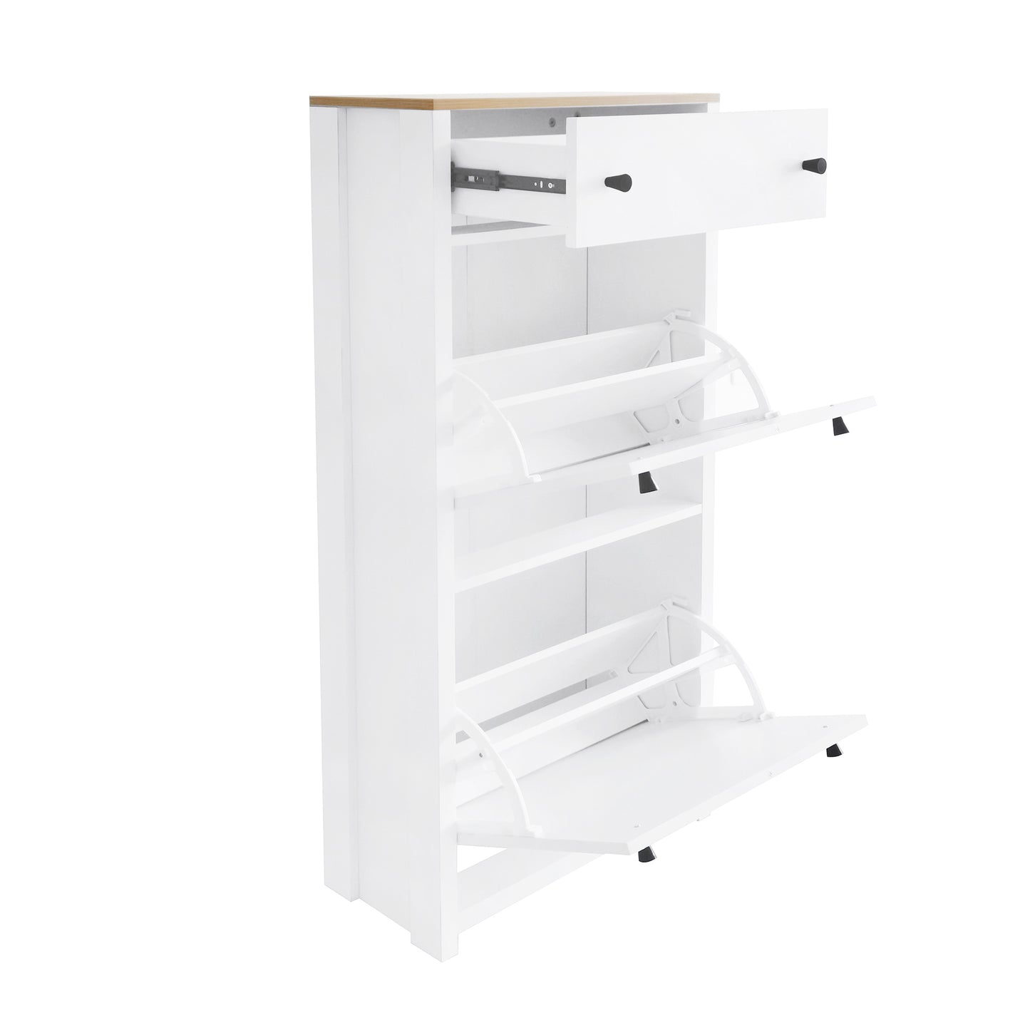 ONTREND ultra-thin shoe cabinet set with 4 flip drawers and adjustable panel top shoe rack, white