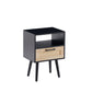 Rattan End table with drawer and solid wood legs Modern nightstand side table for living room black