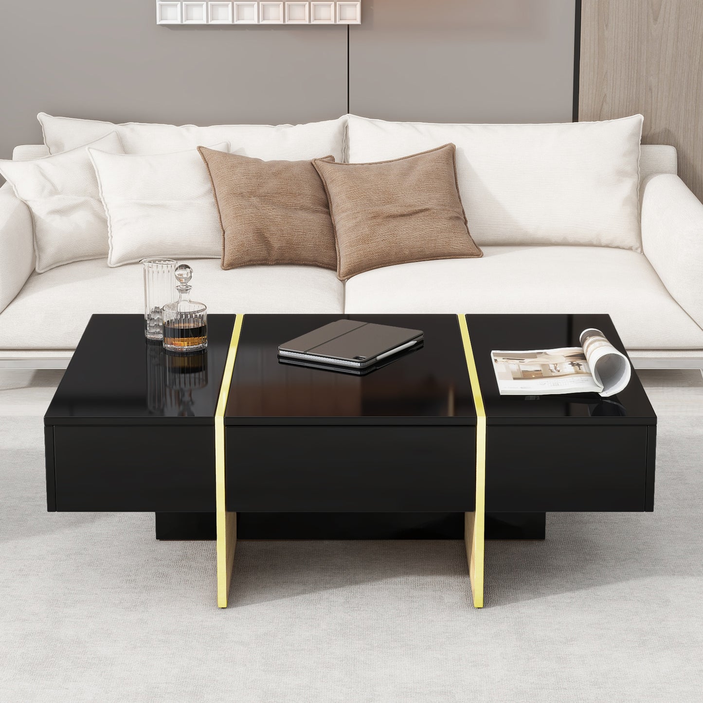 ON-TRANS 47.2 inch x 31.4 inch multifunctional rectangular sofa table with 2 drawers and gold wood grain leg center table, black