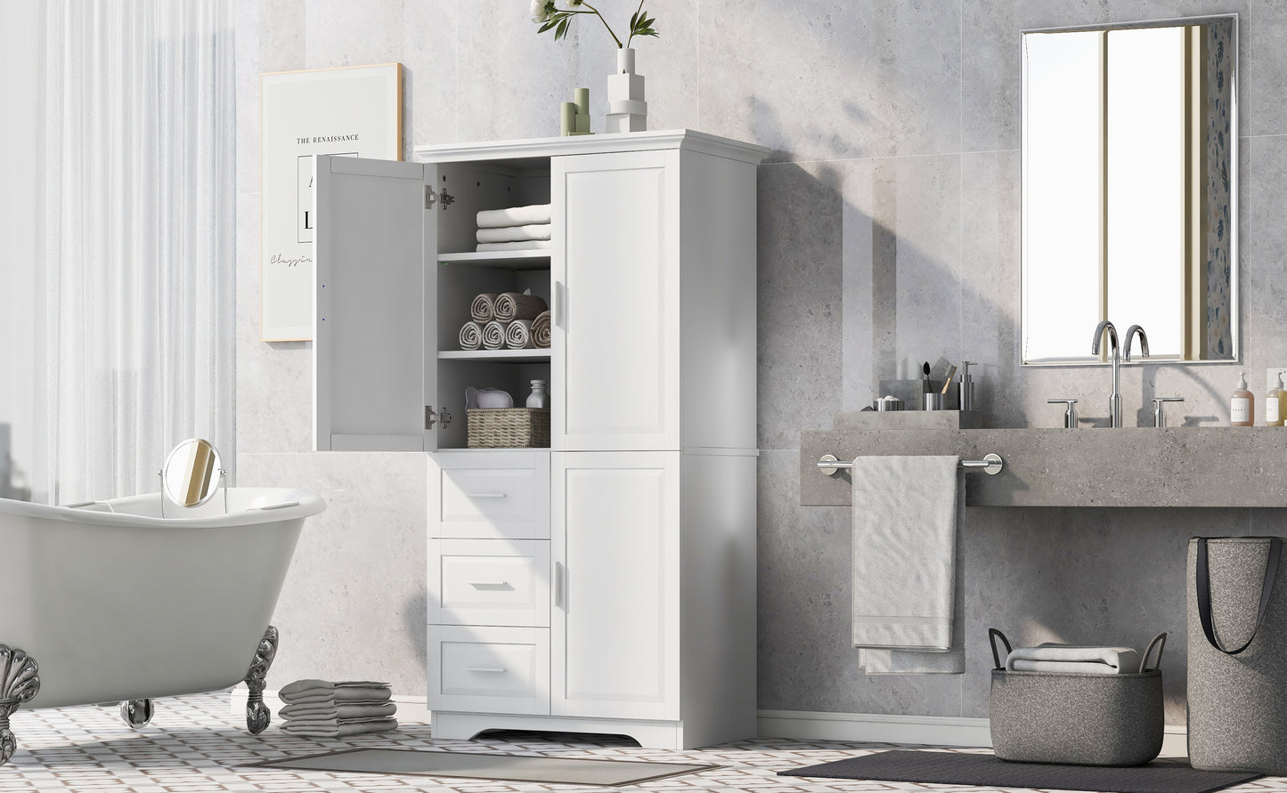 Tall and Wide Storage Cabinet with Doors, Three Drawers for Bathrooms and Offices, White Finish