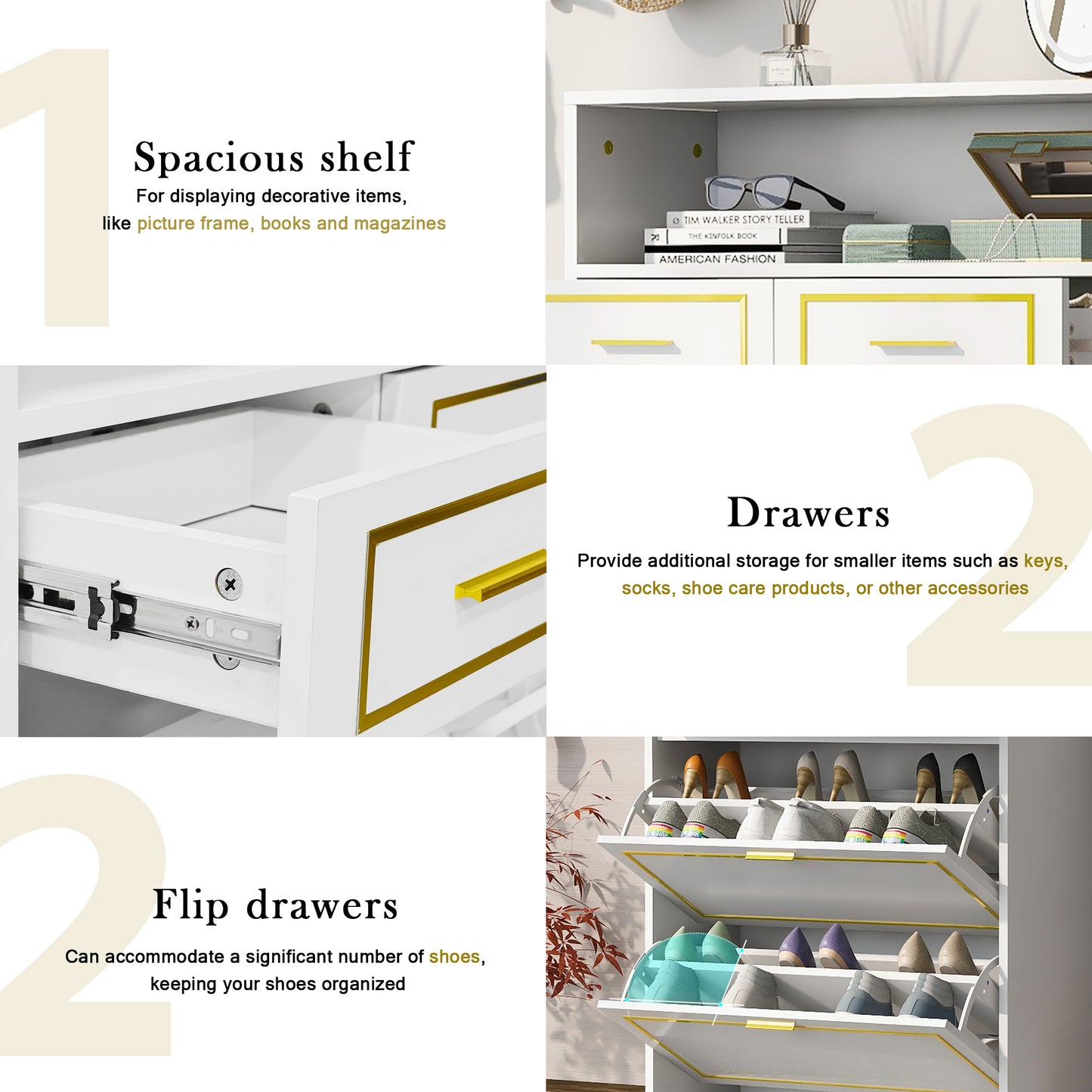 U-Can Shoe Cabinet with 2 Flip Drawers, 2 Slide Drawers, and 1 Shelf, Modern White Finish