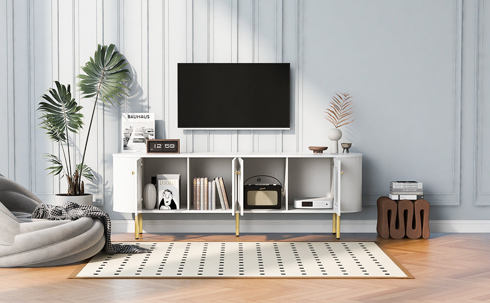 U-Can Modern TV Stand for TVs up to 80 Inches, Entertainment Center with 4 Cabinets, Wood with Metal Legs and Handles White