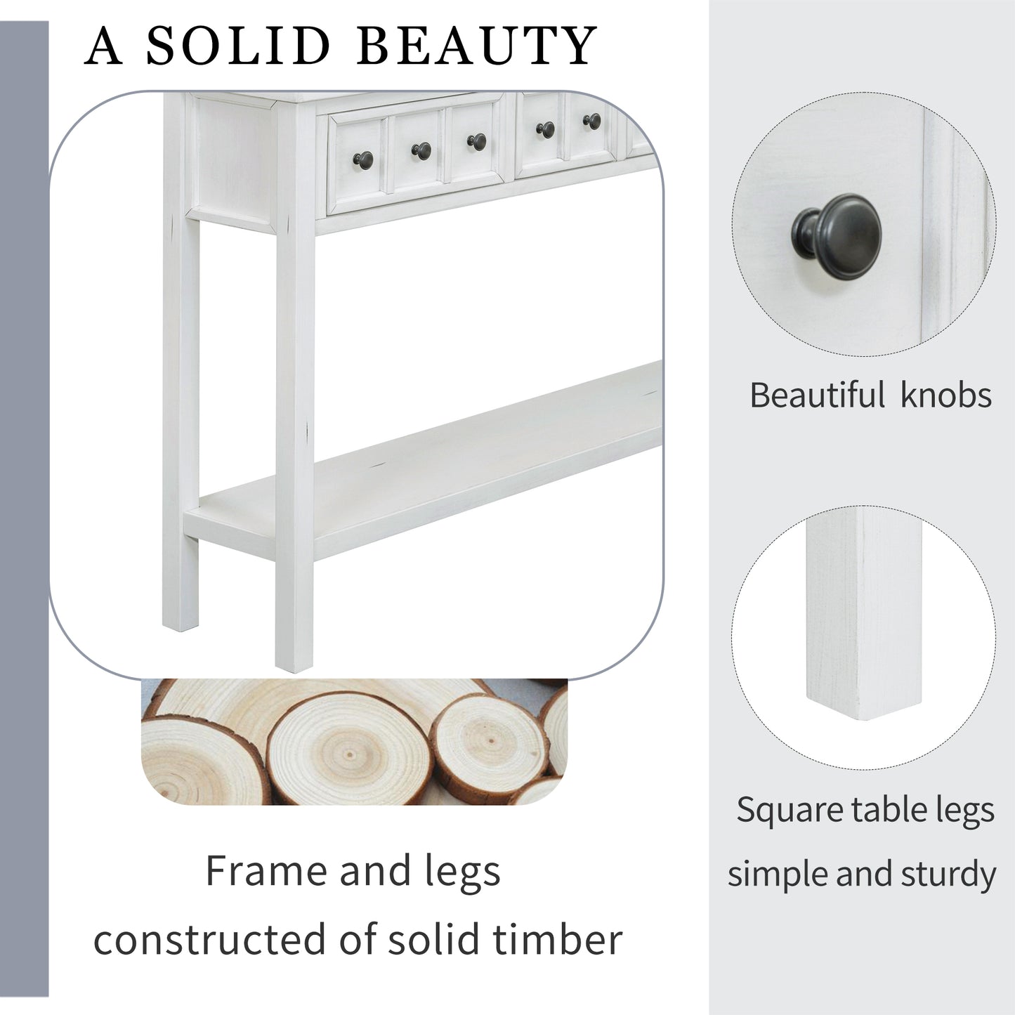 Mesa consola de entrada rústica TREXM, mesa de sofá de 60 pulgadas de largo con dos cajones y estante inferior, blanco antiguo