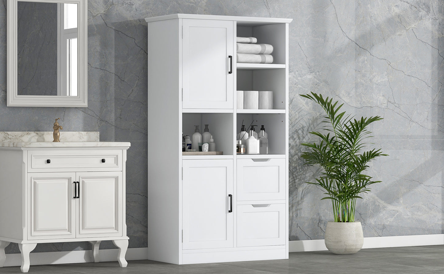 Bathroom storage cabinet with doors and drawers, multiple storage spaces, independent, open adjustable shelves, white