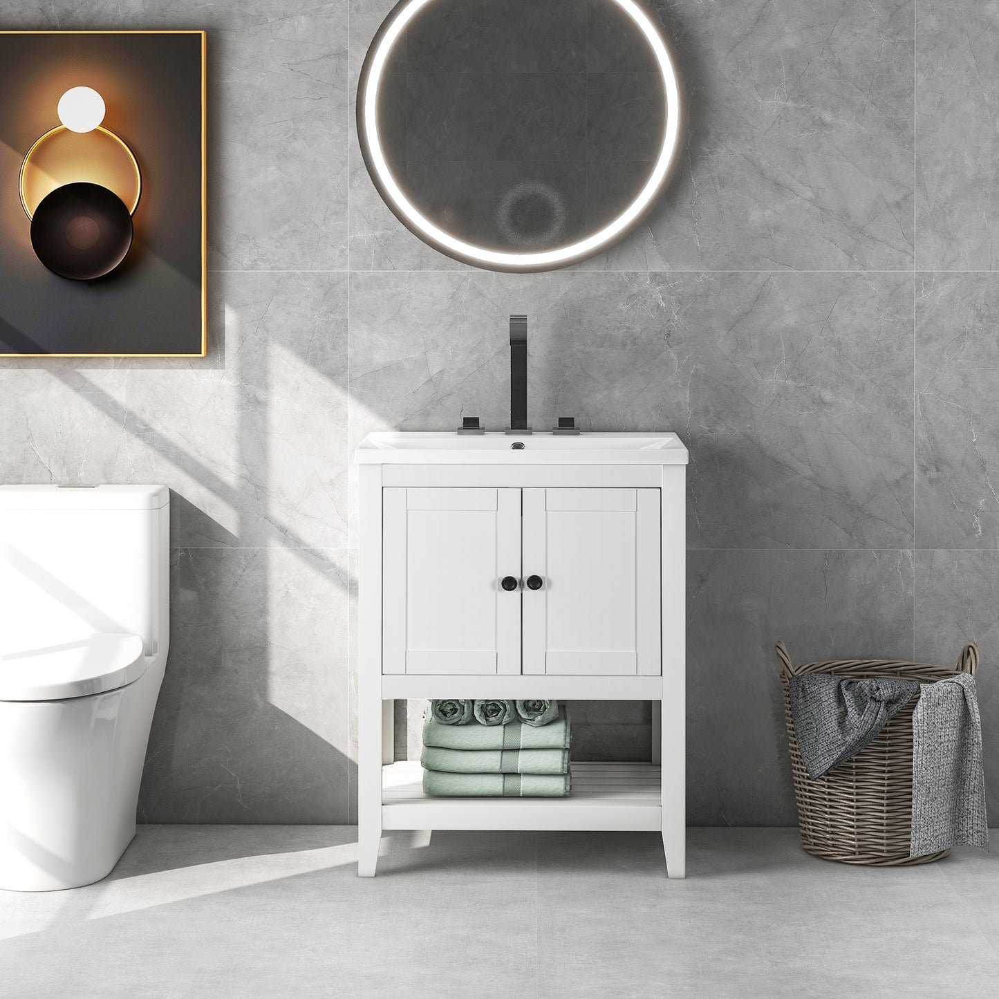 White Modern Sleek Bathroom Vanity Elegant Ceramic Sink with Solid Wood Frame Open Style Shelf