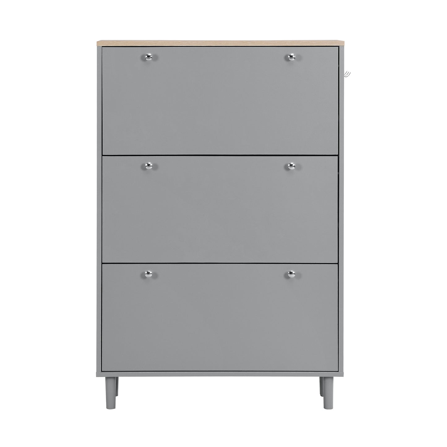 ON-TRANS narrow design shoe cabinet with 3 flip drawers and 3 independent shoe racks with 3 hooks, gray