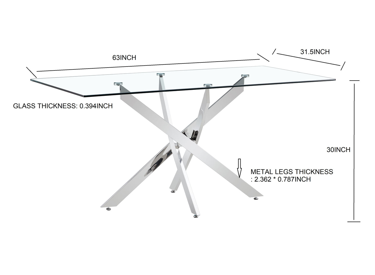 Tempered Clear Glass Dining Table with Golden Legs, 63-Inch Modern Design for Dining Rooms