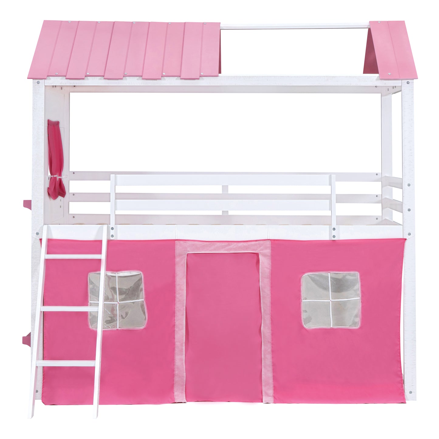 Twin Size Bunk Wood House Bed with Elegant Windows, Sills and Tent, Pink+White