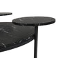 Modern coffee table with two display shelves, Black Faux marble surfaces, Tripod-inspired base,Rounded tabletop edges