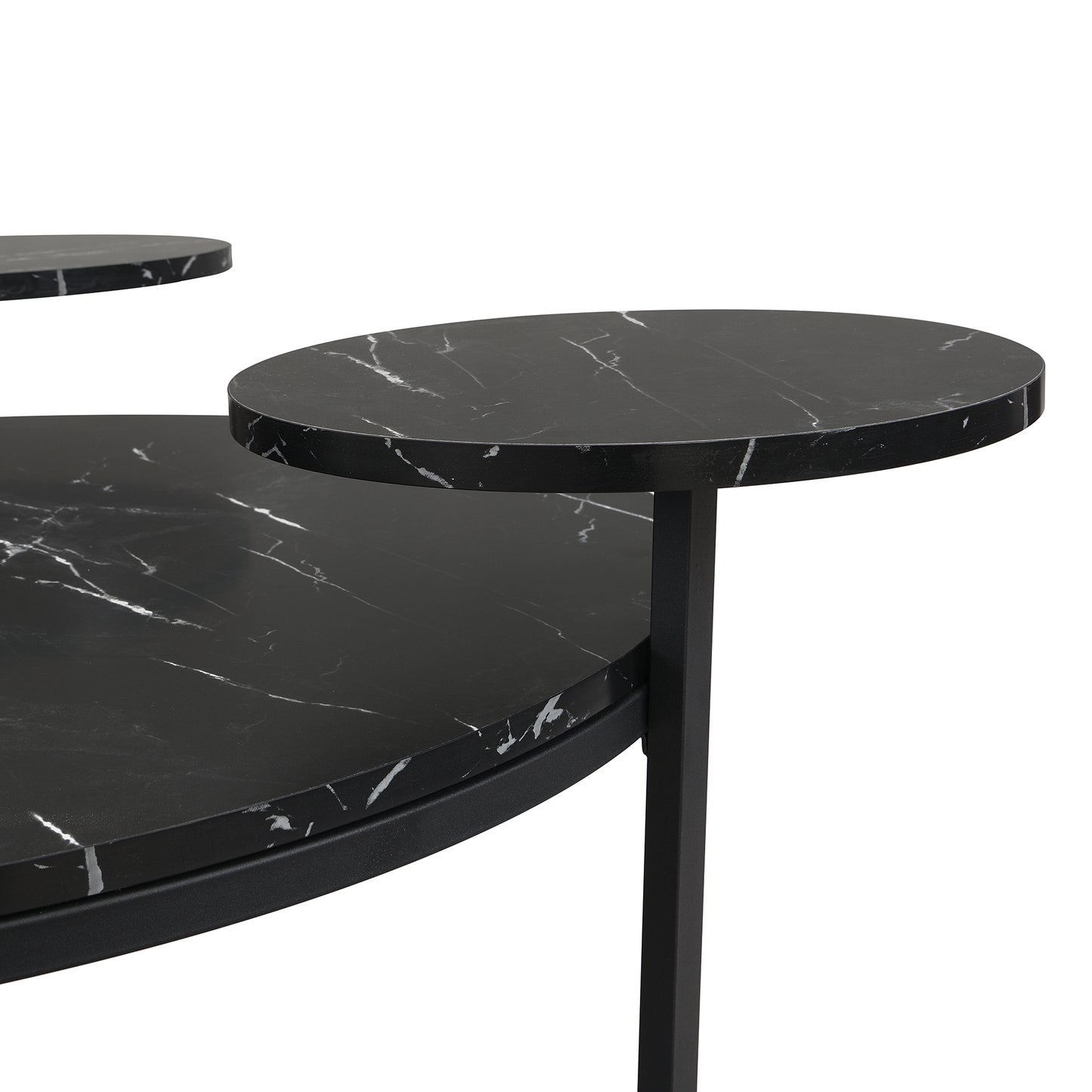 Modern coffee table with two display shelves, Black Faux marble surfaces, Tripod-inspired base,Rounded tabletop edges