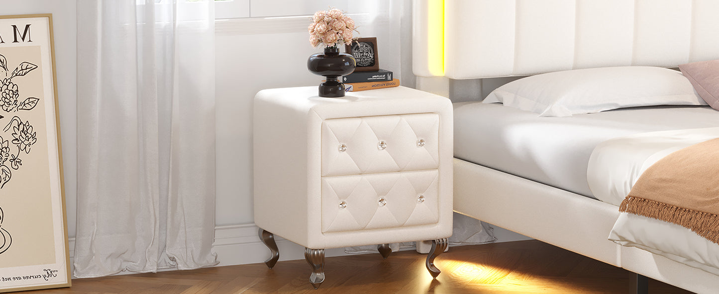 Elegant PU bedside table with 2 drawers and crystal handles, storage with metal legs - white