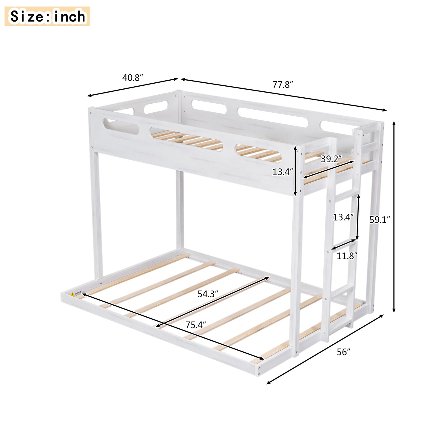 Twin over Full Bunk Bed with Built-in Ladder,White