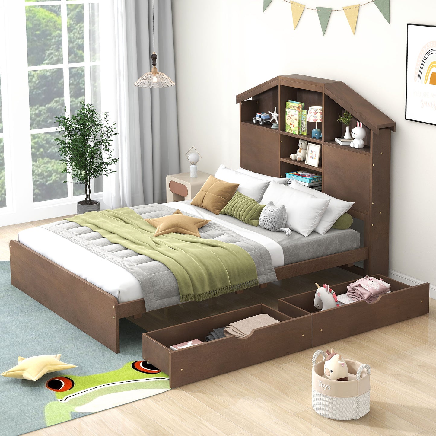 Full Size Wood Platform Bed with House-shaped Storage Headboard and 2 Drawers Walnut